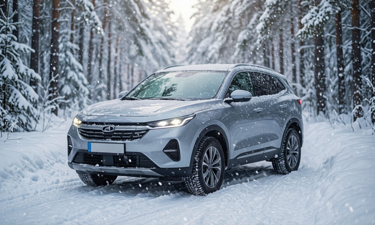 Автомобиль среди заснеженных деревьев